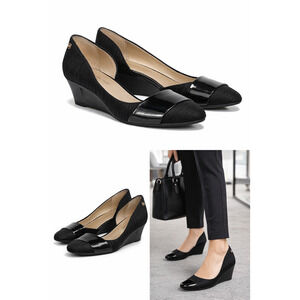 Bandolino womens 8M Black D'orsay Wedge Pumps Patent Cap Toe Work Office Shoes